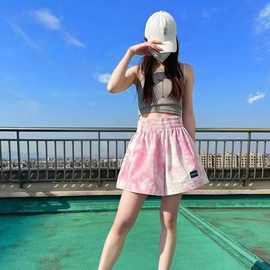 夏天粉色扎染短裤女2025新款休闲裤宽松时尚热裤轻薄透气运动裤
