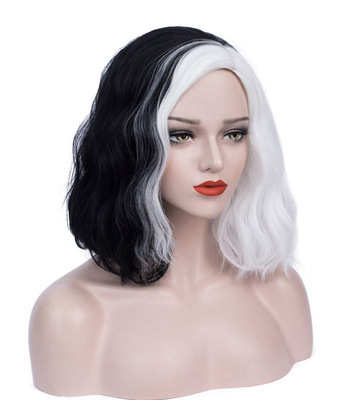 Cross-border supply of black and white yin and yang wigs, medium-length curly wigs, no bangs, wavy splice headers, Kuila wigs