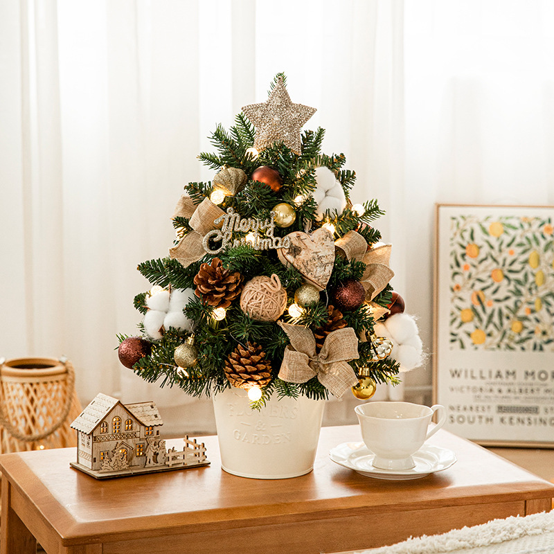 Nuevo árbol de Navidad de barril PE 45 / 60CM de lujo cifrado mini con iluminación decoración de escritorio DIY decoración árbol de Navidad