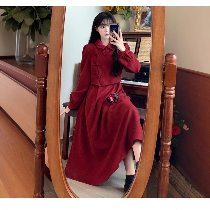 plus size Autumn and Winter New National Style High-end Elegant Retro Buckle Red New Chinese Top dress Two-piece Suit
