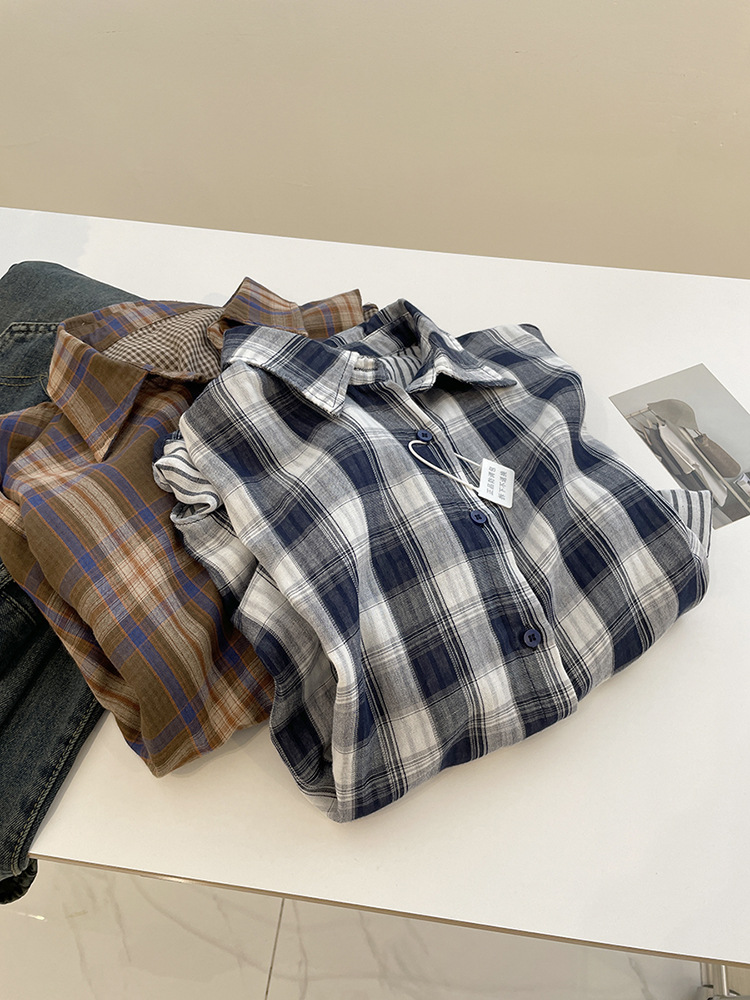 Áo sơ mi nữ dài tay vải gạc cotton hai lớp họa tiết kẻ sọc cổ điển dáng rộng — Kẻ sọc xanh (Bộ sưu tập mùa hè) chi tiết 8