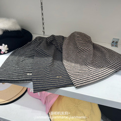 韩版条纹毛线堆堆帽女秋冬百搭显脸小针织帽保暖护耳包头冷帽子