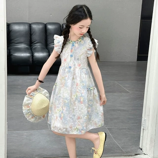 女童连衣裙夏季2025新款洋气儿童碎花飞袖裙子女孩夏装度假公主裙