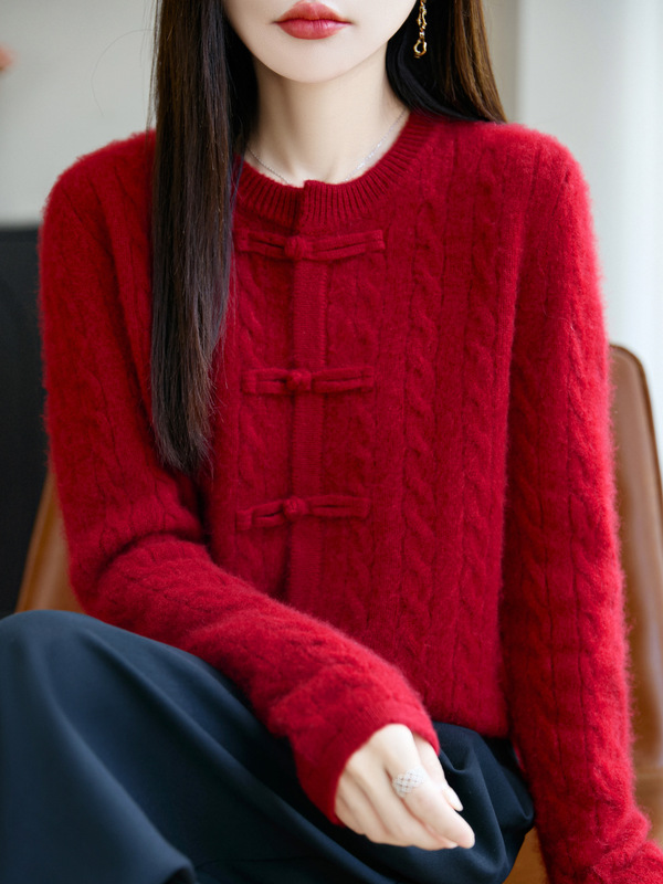 加厚中式盘扣秋冬100羊毛圆领绞花开衫女休闲针织衫显瘦新款毛衣|undefined