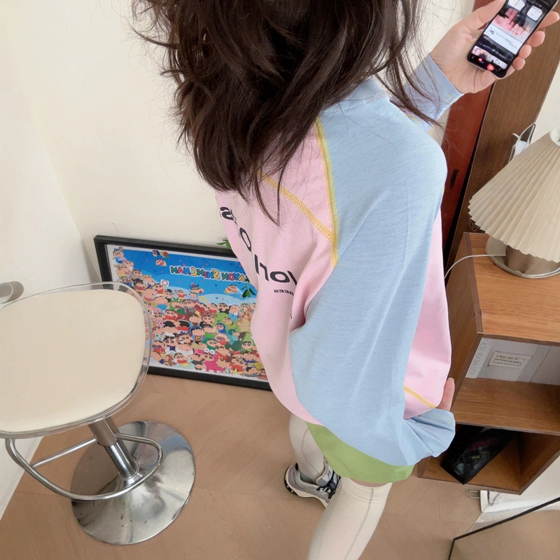 Factory Order! Outdoor Mountain Style Couple's Dopamine Color Block Letter Print Raglan Sleeve Long Sleeve T-Shirt Casual Top for Women Factory Order! Outdoor Mountain Style Couple's Dopamine Color Block Letter Print Raglan Sleeve Long Sleeve T-Shirt Casual Top for Women