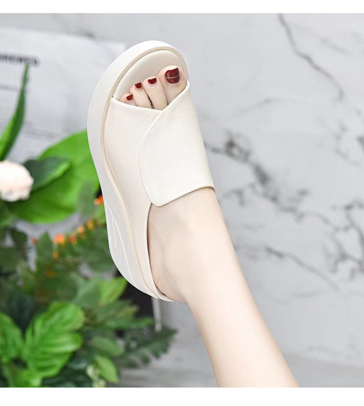 Dép lê quai ngang đế xuồng da thật, gót cao 7 cm, phong cách thời trang mùa hè — Màu đen chi tiết 12