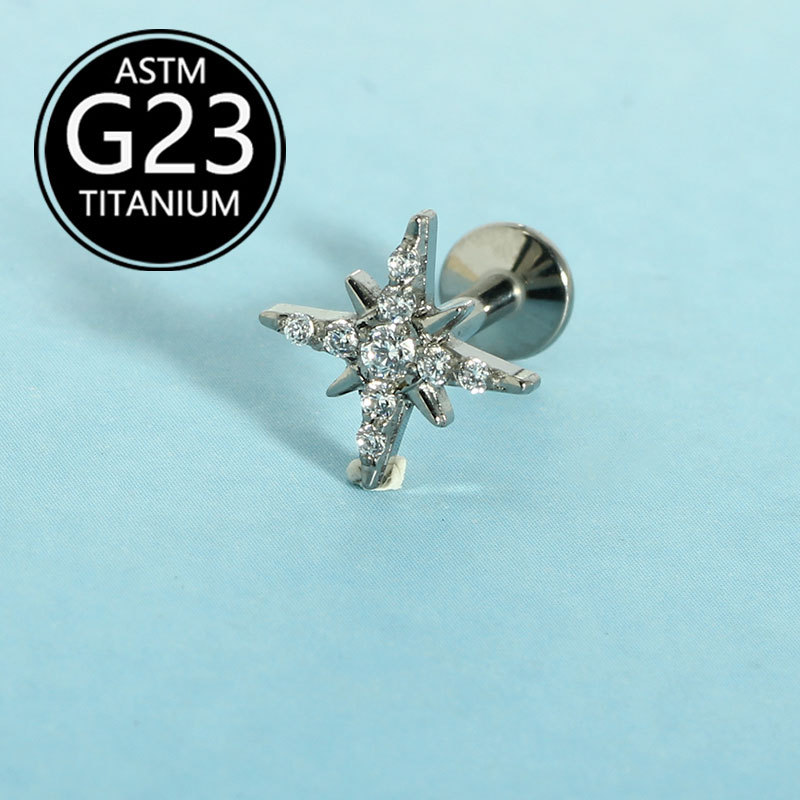 F136 Titanium Star Lip Stud Ear Stud with White Zircon, 1.2x10mm detail image 7