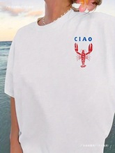 跨境180g前后幅红色龙虾，CIAO印花图案元素女装潮流休闲T恤，短