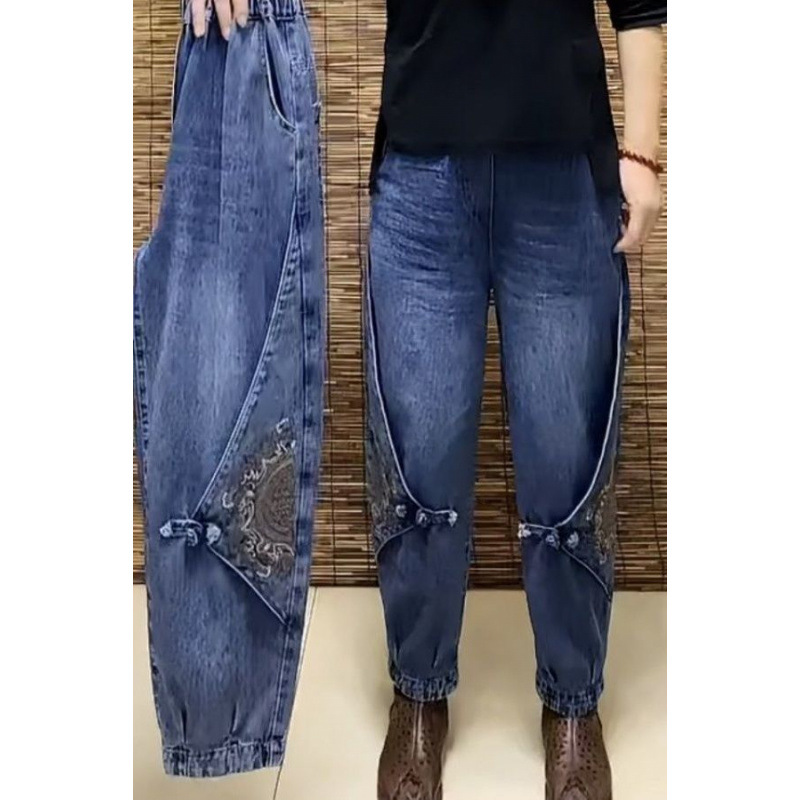 여성을위한 새로운 중국 스타일 국가 스타일 자수 청바지 2024 봄과 여름 새로운 스타일 하이 웨이스트 느슨한 슬리밍 스트레치 하렘 바지는 멋집니다