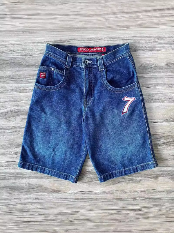 JNCO Shorts Y2K Pants HarajuKu Hip Hop LucKy 7 Prairie Graphic Retro Blue Loose Denim