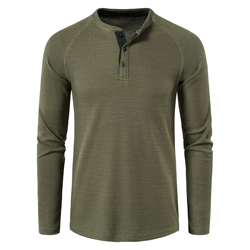 Mode Herren Langarm Henley T-Shirt Sport Casual Pullover Lose Tops Bluse Knopf Einfarbig Männer T-Shirts Unterhemden_voghion.com