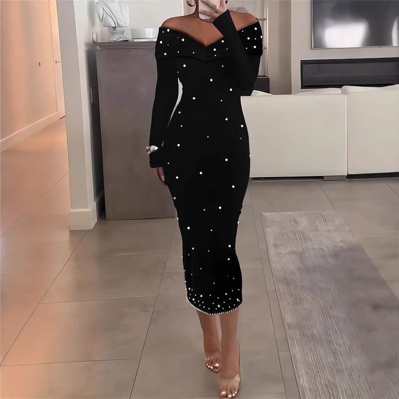European and American Cross-border Trade Fashion Elegant Shoulder Solid Color Long Sleeve Beaded Hip dress Dress European and American Cross-border Trade Fashion Elegant Shoulder Solid Color Long Sleeve Beaded Hip dress Dress