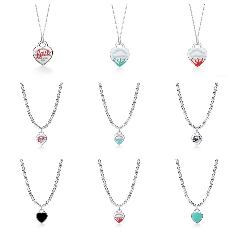 T's Splash-Ink Heart-Shaped Enamel Cross Chain Necklace Women's Peach Heart Love Ball Beads Necklace Fashionable Classic Style