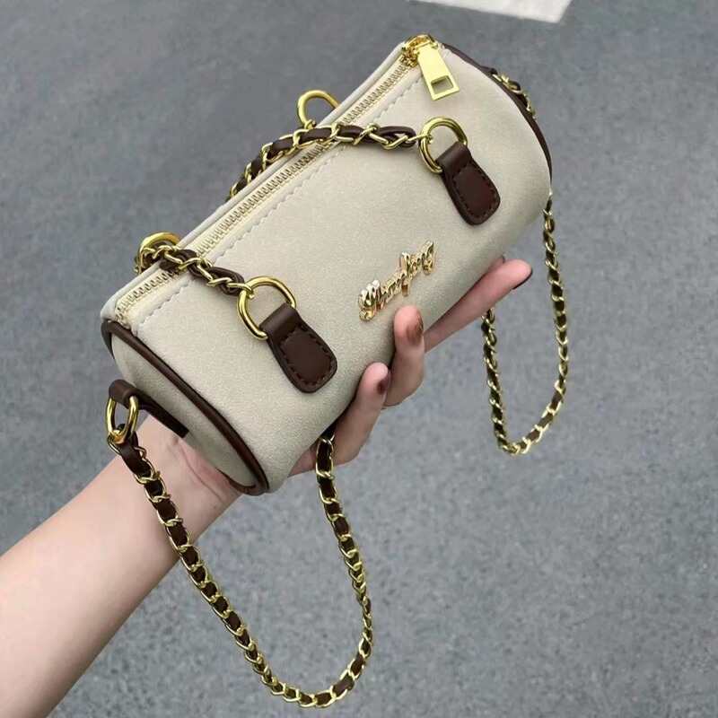 2026 New Retro Chain Cylinder Bag Niche Design Frosted Handbag Women's High-End Soft-Sided Crossbody Bag