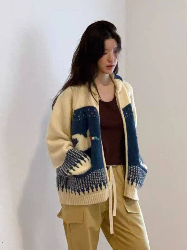 韩代款飞鸟提花翻领毛衣外套女秋冬秋冬费尔岛宽松针织开衫女1344|undefined