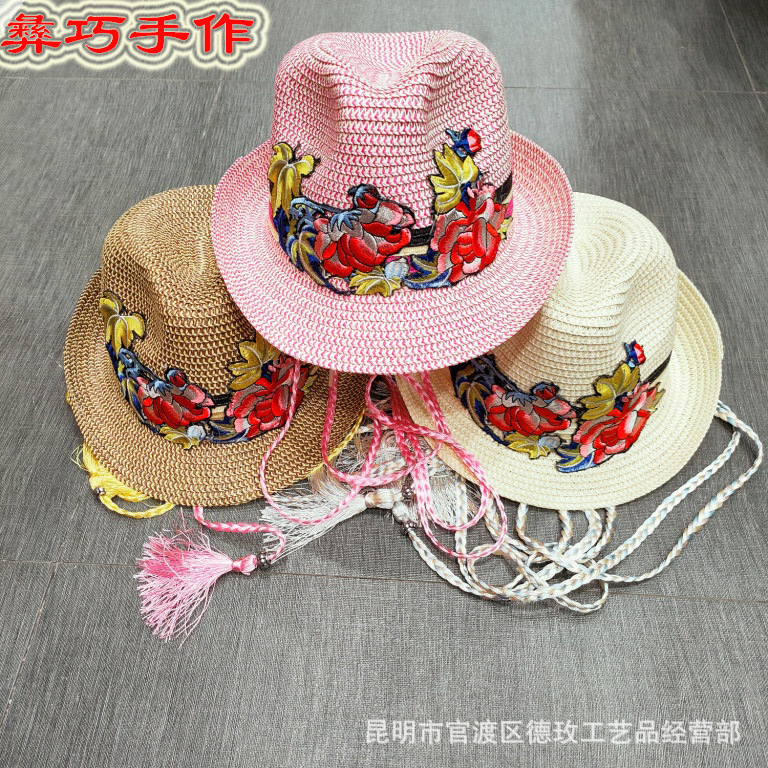 Ethnic summer breathable sun hat with pigtail