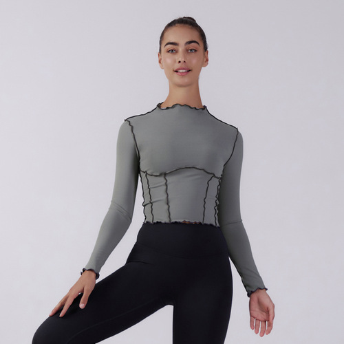 Cross-border fitness clothing long-sleeved women's running quick-drying fungus sports jacket professional Pilates lace yoga top