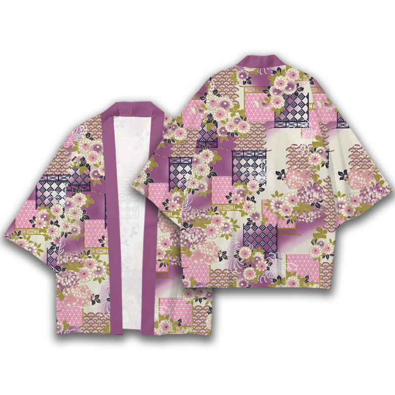 Pink and Purple Floral Pattern Japanese Aesthetic Kimono Cape 3D Windowpane Floral Full-Print Gentle Loose Cardigan Cape Pink and Purple Floral Pattern Japanese Aesthetic Kimono Cape 3D Windowpane Floral Full-Print Gentle Loose Cardigan Cape