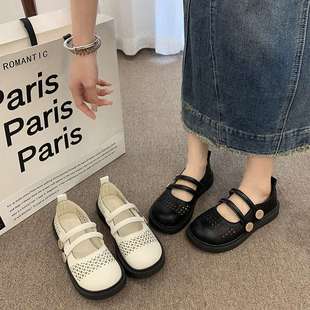 Retro Round-Toe Cut Out Flats for Women Summer 2025 New Forest Style Preppy Style Mary Jane Sandals Thick-Soled Small Leather Shoes
