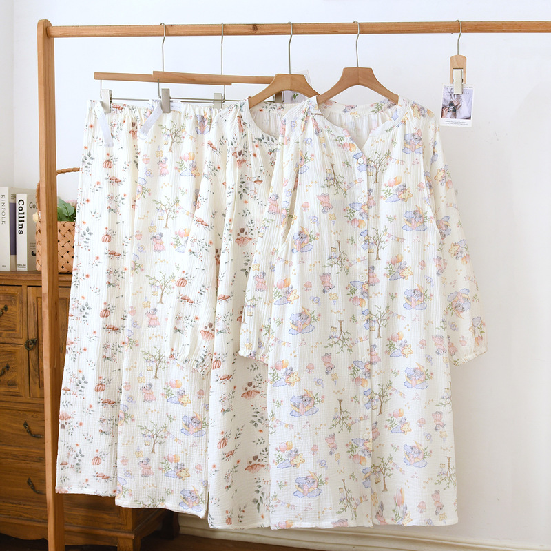 Spring and Autumn Maternity Sleepwear, Postpartum Pure Cotton Nursing Dress and Pants Set, Pregnant Women's Home Wear with Chest Pads for Breastfeeding Spring and Autumn Maternity Sleepwear, Postpartum Pure Cotton Nursing Dress and Pants Set, Pregnant Women's Home Wear with Chest Pads for Breastfeeding