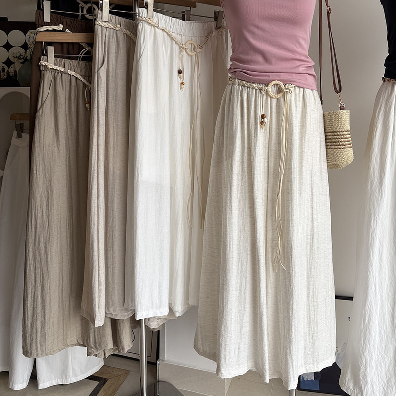 2026 Summer New Korean Style Drapey Drawstring Casual Wide-Leg Pants for Women Versatile Breathable Skirt Pants 6484