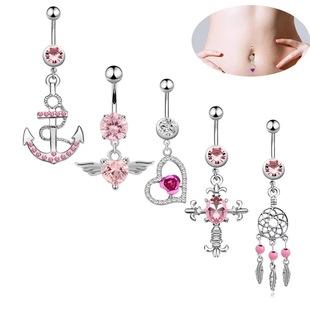 Cross-Border Stainless Steel Navel Nail Angel Love Zircon Wings Shape Navel Ring Piercing Jewelry Wholesale