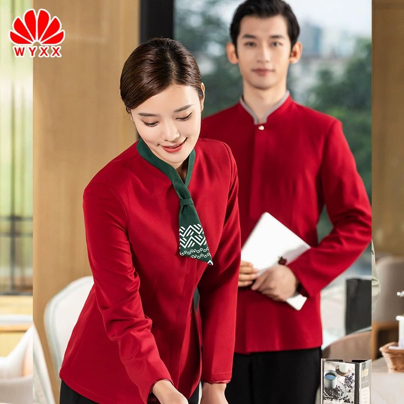 Официант рабочая одежда костюм с длинным рукавом отель Чайный домик ресторан столовая китайский Ресторан быстрого питания этнический стиль с принтом ЛОГОТИП женский