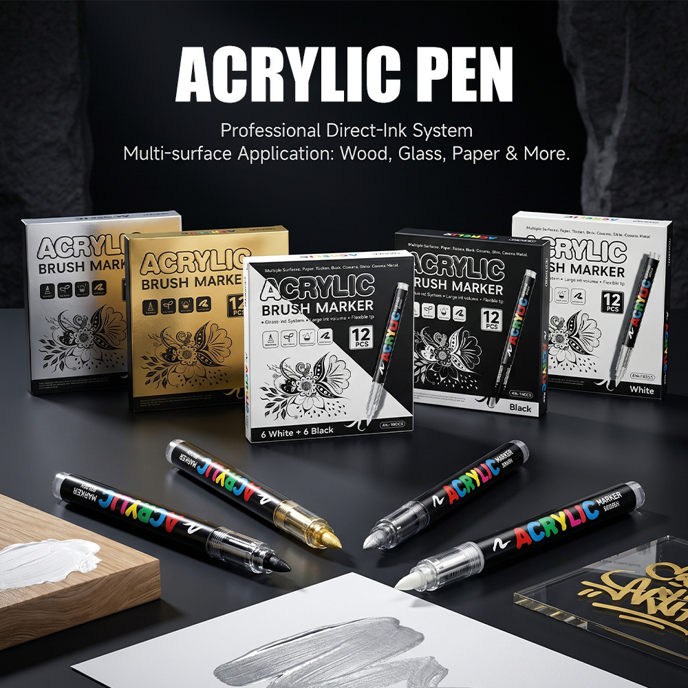 Gold and Silver Straight Liquid Acrylic Markers for Painting, Graffiti, Art, Black and White Highlight Pens, Soft Tip Drawing Pens