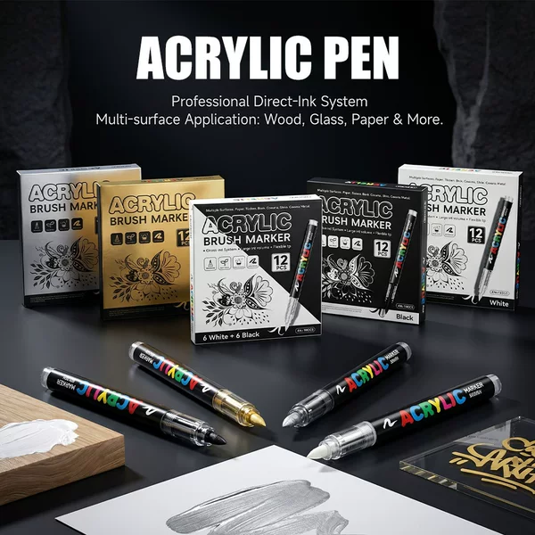 Gold and Silver Straight Liquid Acrylic Markers for Painting, Graffiti, Art, Black and White Highlight Pens, Soft Tip Drawing Pens