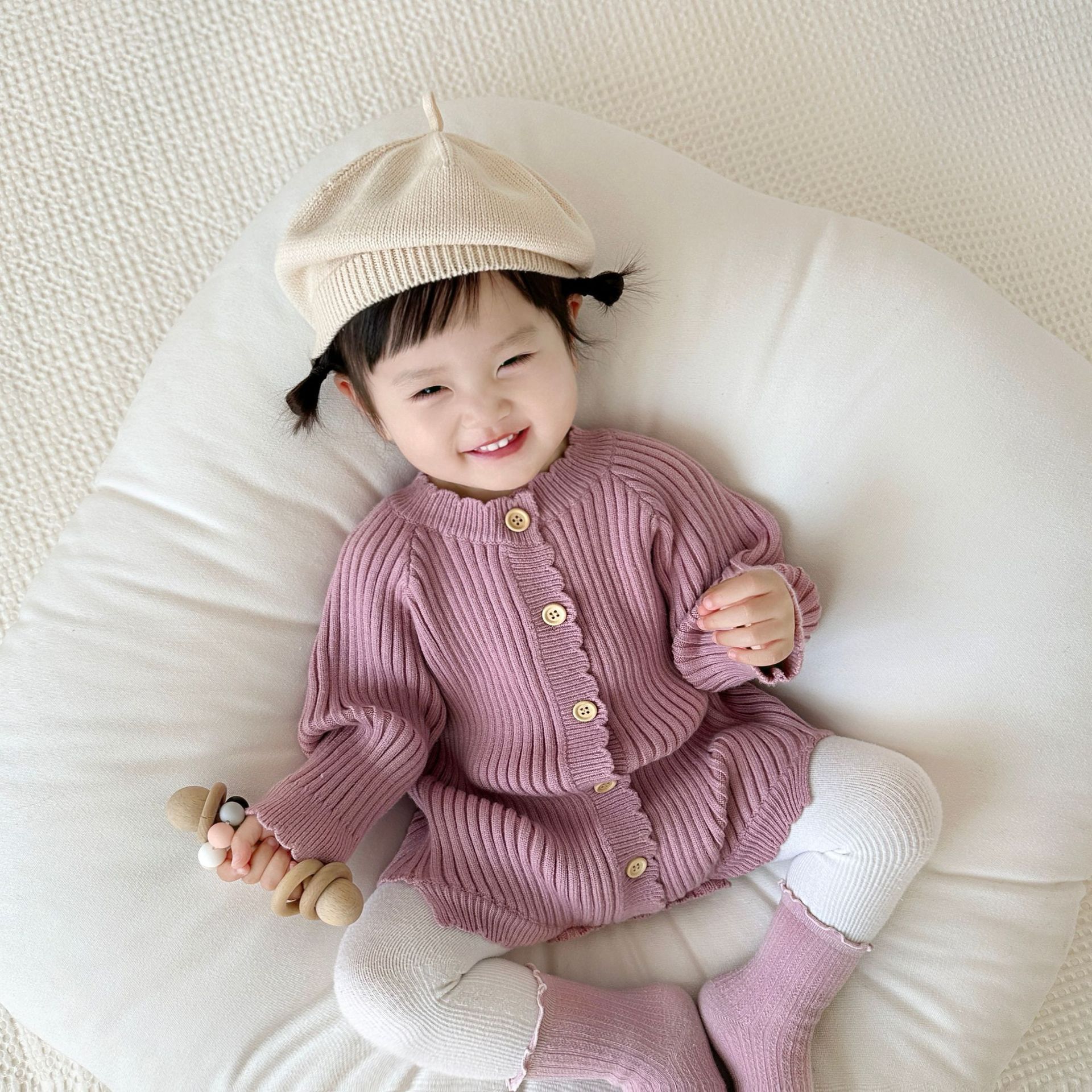 2025 New Korean Style Baby Jumpsuit Autumn Clothing for Male and Female Babies Pure Color Knitted Crawler Suit Pit Strip One-Piece Short Crawler
