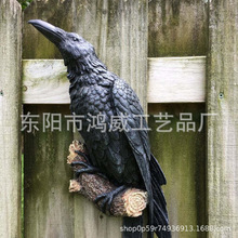 新款跨境黑乌鸦树干立体仿真树脂动物雕像工艺品家居挂件壁挂装饰