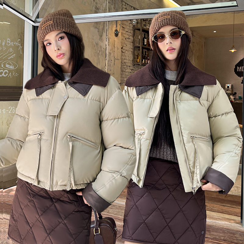 外贸小个子pu皮2025短款羽绒棉服女冬季针织新款撞色保暖棉袄外套|undefined
