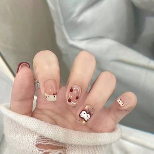 Children's Wearable Nails Super Cute Apple Kitty Whitening Manicure Removable Short Nails Handmade Sweet Girl Ins Hand-Painted