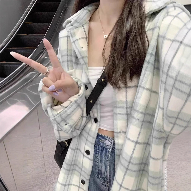 厚款毛尼料蓝色格子衬衫女装2025秋季新款港风chic长袖外套上衣女|undefined