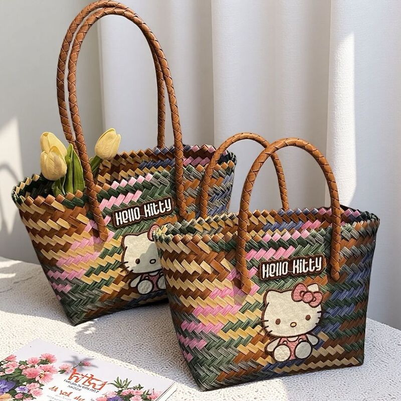 Cartoon Kt Cat Satchel Vegetable Basket Woven Bag for Women Summer Seaside Vacation Style Rattan Commuter Bag Hand-Held Beach Bag Cartoon Kt Cat Satchel Vegetable Basket Woven Bag for Women Summer Seaside Vacation Style Rattan Commuter Bag Hand-Held Beach Bag