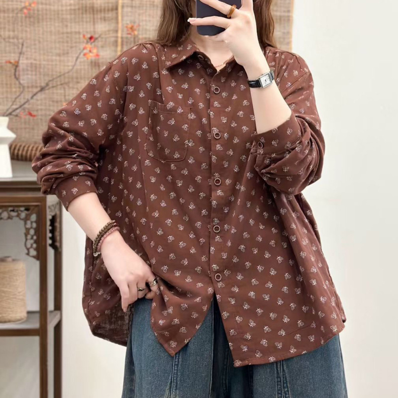 春秋新款韩版宽松休闲百搭文艺印花双层棉纱长袖衬衫女上衣衬衣|undefined