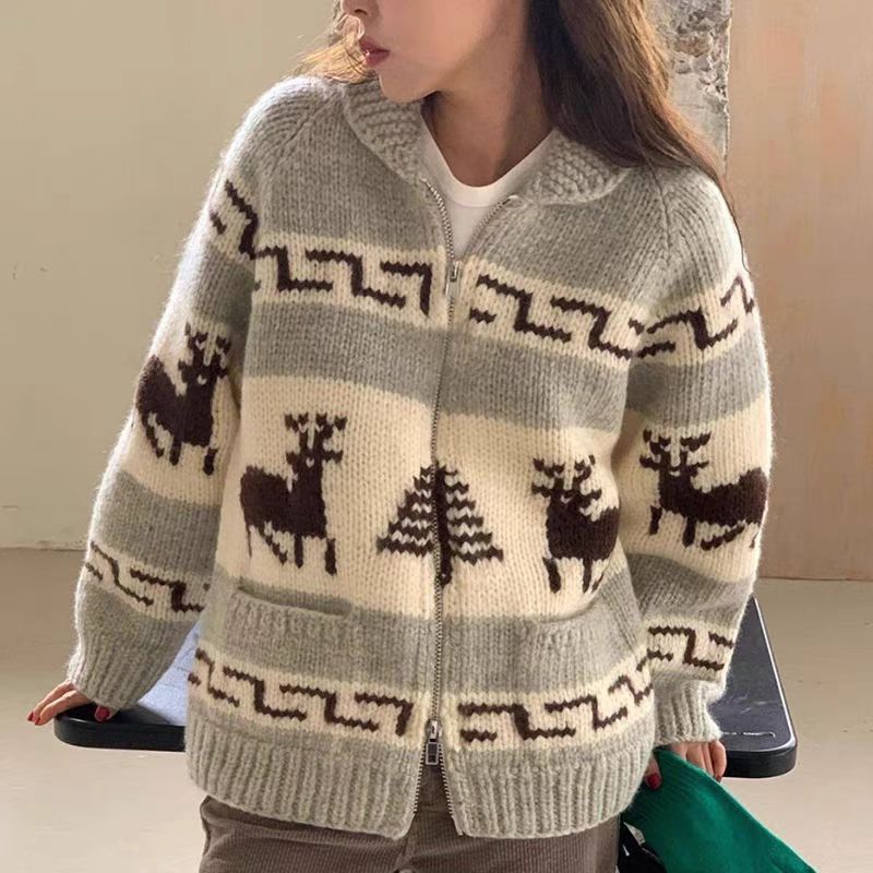 Korean Chic Autumn and Winter Christmas Style Lapel Double Zipper Pattern Jacquard Design Knitted Cardigan Sweater for Women