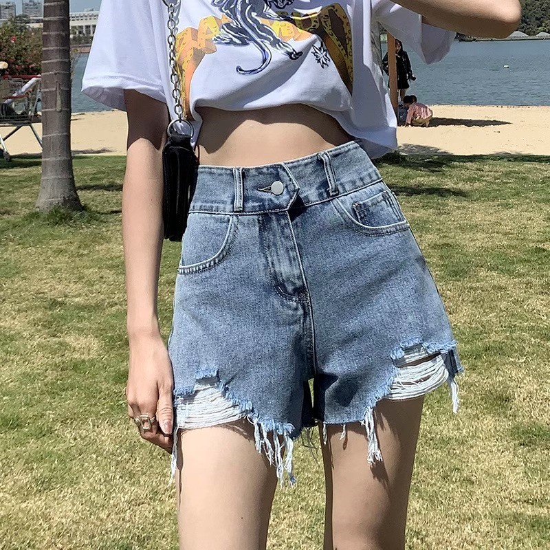 High Waist Retro Denim Shorts Women's Fashionable All-Match Loose Slimming Short Pants with Rapped A- Shapes