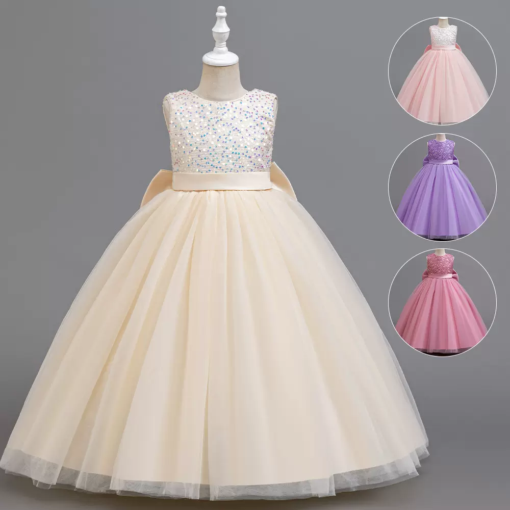 儿童礼服蓬蓬女童大蝴蝶结亮片公主裙钢琴演出派对宴会礼服连衣裙