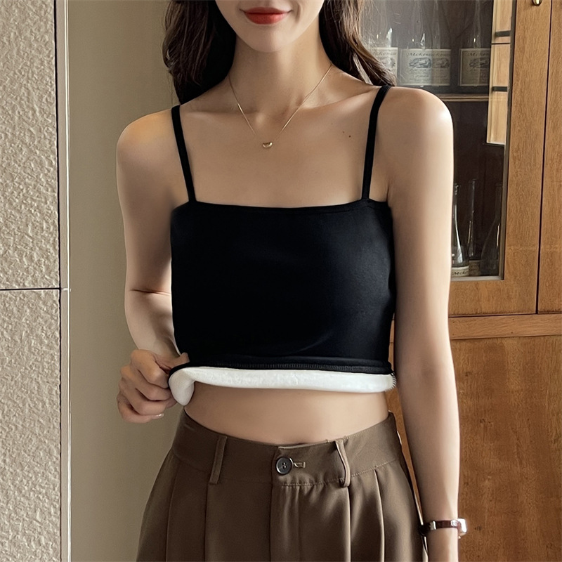 Off-The-Shoulder Fleece-Lined Short Camisole for Autumn and Winter, New Style Sleeveless Slim-Fit Warm Vest for Women
