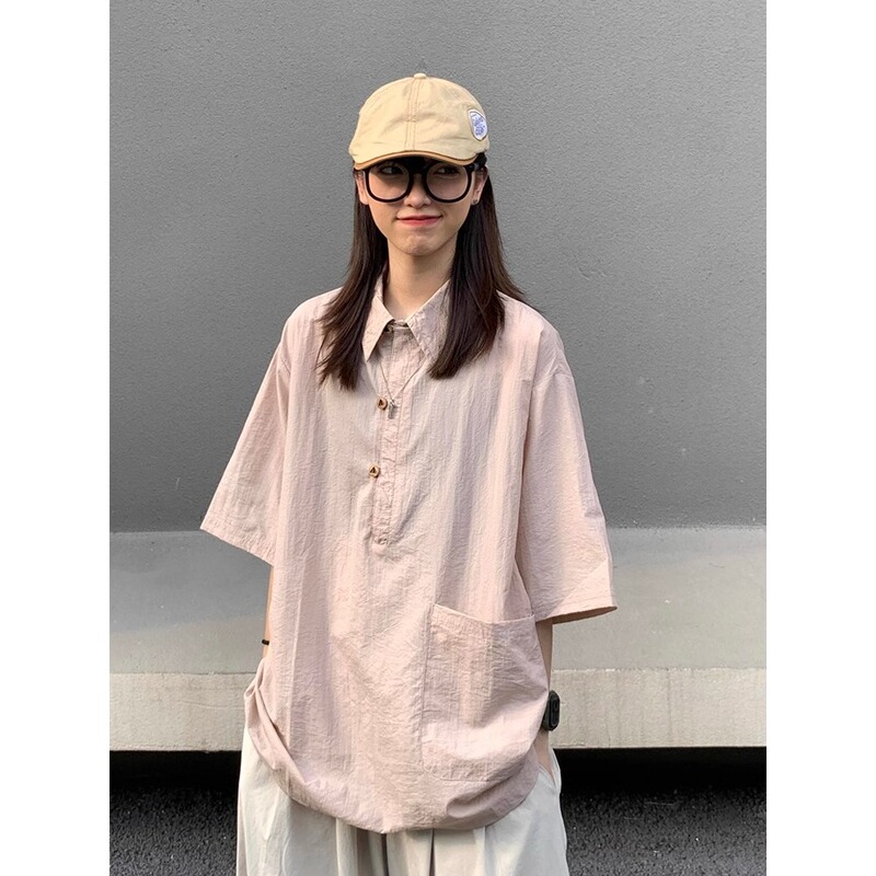 2025 New Japanese-Style Simple Solid Color Button Shirt Thin Unisex Summer Loose Short-Sleeve Top with Drape Navy Blue