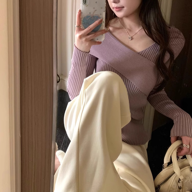 Irina Autumn and Winter Gray Purple Cross V Neck Knitted Bottoming Shirt Women's Collarbone Slimming Look Sweater Off-Shoulder Top