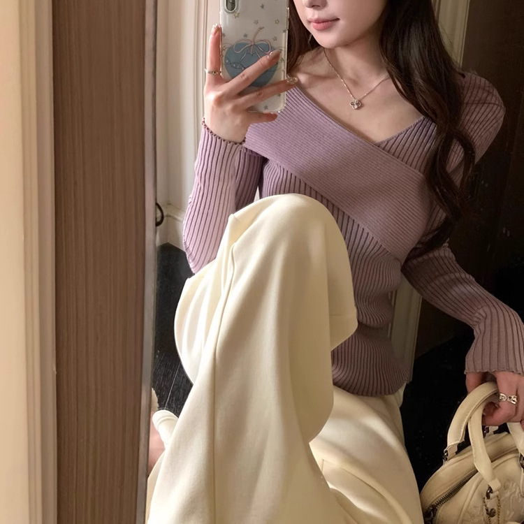 Irina Autumn and Winter Gray Purple Cross V Neck Knitted Bottoming Shirt Women's Collarbone Slimming Look Sweater Off-Shoulder Top Irina Autumn and Winter Gray Purple Cross V Neck Knitted Bottoming Shirt Women's Collarbone Slimming Look Sweater Off-Shoulder Top