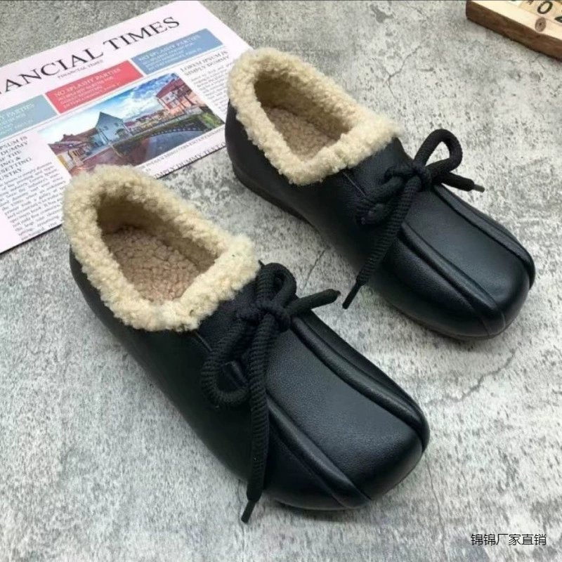 2025 зимние новые ретро настоящие мягкие кожаные плоские туфли женские бархатные теплые бобовые туфли модные удобные хлопчатобумажные совки