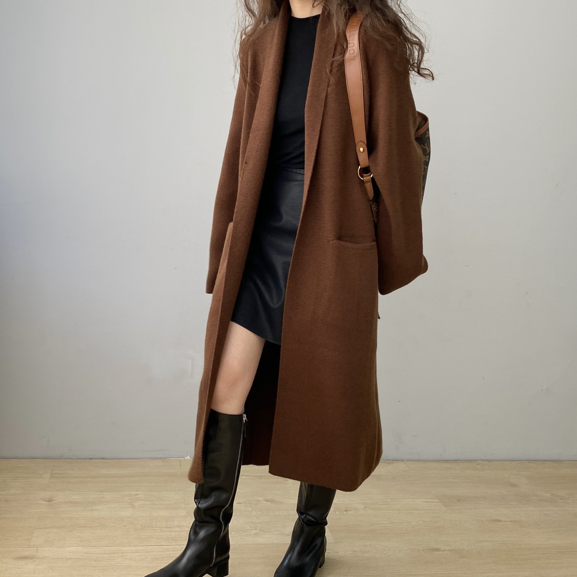 (2개) JIA ZHI?게으른 스타일 루즈 코트 라펠 통근 가디건 코트 솔리드 컬러 롱 아우터 스웨터 B7237