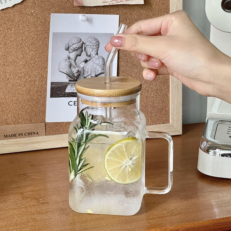 Cuadrado taza de paja con cubierta de vidrio de bambú ámbar taza de leche de oficina taza de bebida de jugo de fruta taza de agua de paja doméstica