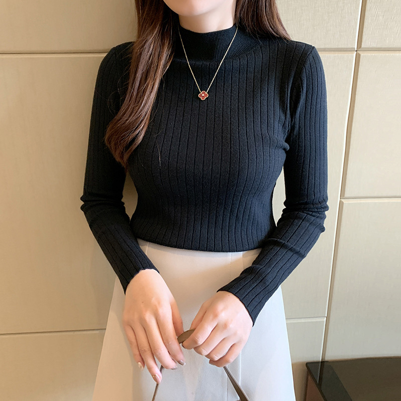 女性用ハーフタートルネックボトリングシャツ、薄手の秋冬新スタイルショートセーター、長袖セーター、ミッドカラートップ|undefined