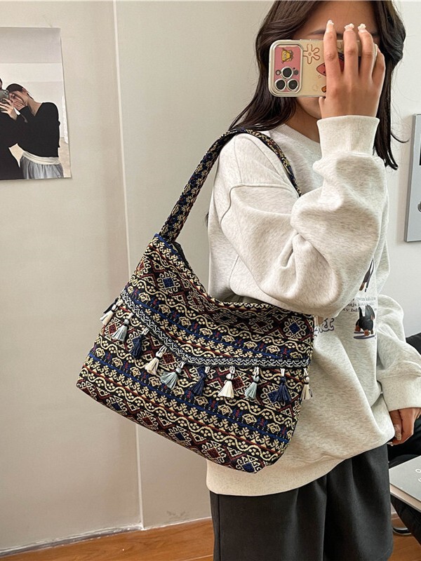 エスニックスタイルの大容量トートバッグ女性のための 2025 新しいファッショナブルなスタイルのタッセルショルダーバッグカジュアル多用途ハンドバッグ|undefined