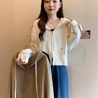 跨境春秋新款韩系撞色条纹连帽卫衣女拉链开衫宽松短款百搭外套潮