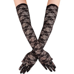 50CM Long Lace Gloves for Ladies, Thin Summer Sun Protection Gloves, Black and White Lace with Small Flowers